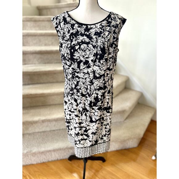 Ann Taylor Black & White Floral Damask Cap Sleeve Scoop Neck Sheath Dress - Picture 1 of 7